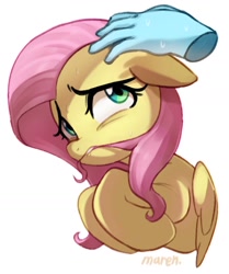 Size: 1408x1682 | Tagged: safe, artist:maren, imported from derpibooru, fluttershy, pegasus, pony, biting, bust, cute, disembodied hand, female, floppy ears, hair bite, hand, hooves to the chest, looking at something, looking sideways, mare, nervous, petting, shyabetes, simple background, solo, sweat, sweatdrops, white background