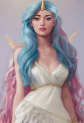 Size: 3328x4864 | Tagged: safe, artist:my-little-pop-artist, artist:ponyashes, imported from derpibooru, princess celestia, human, clothes, dress, female, horn, horned humanization, humanized, looking at you, realistic, solo, winged humanization, wings