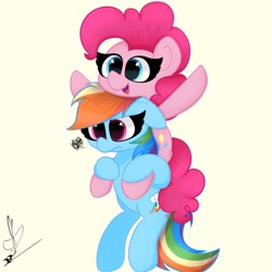 Size: 2000x2000 | Tagged: safe, artist:daftramms, imported from derpibooru, pinkie pie, rainbow dash, earth pony, pegasus, pony, cute, duo, duo female, female, high res, hooves in air, piggyback ride, simple background