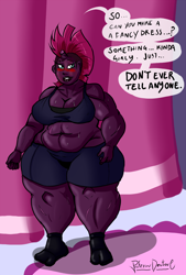 Size: 800x1183 | Tagged: safe, artist:professordoctorc, imported from derpibooru, fizzlepop berrytwist, tempest shadow, human, equestria girls, belly button, blushing, body type, breasts, busty tempest shadow, carousel boutique, clothes, equestria girls-ified, fat, female, implied rarity, muscles, muscular female, sports bra, strong fat, thighs, thunder thighs