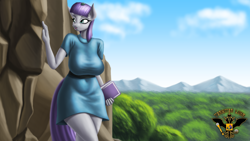 Size: 7680x4320 | Tagged: safe, artist:tsaritsaluna, imported from derpibooru, maud pie, anthro, earth pony, big breasts, book, boulder (g4), breasts, busty maud pie, cliff, clothes, dress, female, forest, mare, mountain, solo