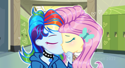 Size: 1303x712 | Tagged: safe, artist:twilightbaby2020, imported from derpibooru, fluttershy, rainbow dash, human, equestria girls, blushing, canterlot high, collar, duo, eyes closed, female, flutterdash, hand on chin, heart, kiss on the lips, kissing, lesbian, lockers, shipping