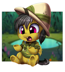 Size: 2930x3236 | Tagged: safe, artist:pridark, imported from derpibooru, daring do, pegasus, pony, age regression, baby, baby daring do, baby pony, clothes, cute, daring dorable, female, filly, filly daring do, foal, fountain of youth, hat, high res, open mouth, patreon, patreon logo, patreon reward, sitting, solo, url