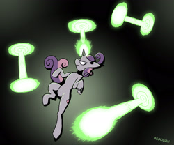 Size: 3000x2500 | Tagged: safe, artist:begoliah, imported from derpibooru, sweetie belle, unicorn, female, floating, laser, portal, solo, white eyes