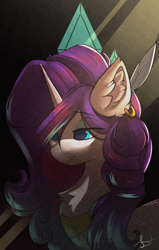 Size: 2192x3456 | Tagged: safe, artist:beardie, imported from derpibooru, rarity, pony, unicorn, bust, chest fluff, ear fluff, ear piercing, earring, feather, feather in hair, female, hair over one eye, horn, jewelry, mare, painting, peytral, piercing, portrait, solo