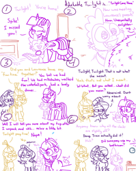 Size: 4779x6013 | Tagged: safe, artist:adorkabletwilightandfriends, imported from derpibooru, moondancer, spike, starlight glimmer, twilight sparkle, alicorn, dragon, pony, unicorn, comic:adorkable twilight and friends, adorkable, adorkable twilight, clock, close-up, comic, cute, door, dork, excited, family, female, fur, happy, holding, holding a pony, hug, humor, implied pooping, joke, jumping, love, luggage, mare, need to poop, perspective, prank, question, reflection, slice of life, spikabetes, suitcase, toilet humor, twilight sparkle (alicorn)