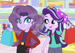 Size: 1920x1358 | Tagged: safe, artist:autisticeli, edit, imported from derpibooru, starlight glimmer, oc, oc:violet sky vavoom, human, equestria girls, beadie, canterlot mall, female, mother and child, mother and daughter, shopping