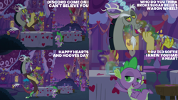 Size: 4400x2475 | Tagged: safe, edit, edited screencap, editor:quoterific, imported from derpibooru, screencap, discord, spike, draconequus, dragon, the break up breakdown, balloon, bottle, discord being discord, glass bottle, heart, hearts and hooves day, male, table, text