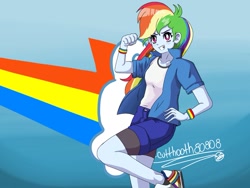 Size: 1181x887 | Tagged: safe, artist:cuttooth80808, imported from derpibooru, rainbow dash, human, equestria girls, clothes, cloud, raised leg, shoes, smiling, sneakers, solo, wristband