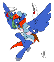 Size: 1080x1224 | Tagged: safe, artist:iancomics, imported from derpibooru, oc, oc only, oc:kam pastel, anthro, pegasus, commission, goggles, gun, gunslinger, hooves, looking at you, prosthetics, simple background, smiling, solo, spread wings, weapon, white background, wings
