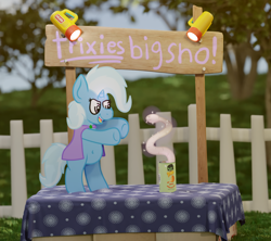 Size: 4320x3840 | Tagged: safe, artist:xppp1n, imported from ponybooru, trixie, unicorn, art pack:foaling around, 2d, 3d, 3d mixed with drawing, cape, chips, clothes, female, fence, filly, foal, food, levitation, magic, magic show, potato chips, pringles, solo, stage, telekinesis, toy