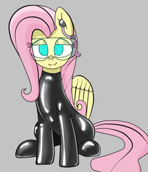 Size: 1200x1400 | Tagged: safe, artist:anonymous, imported from twibooru, fluttershy, pegasus, pony, :3, blue eyes, earpiece, female, gray background, hypno eyes, hypnogear, hypnosis, hypnotized, image, latex, latex suit, lidded eyes, looking at you, mare, needs more jpeg, pink mane, simple background, sitting, smiling, solo, solo female, swirly eyes, wings, yellow coat