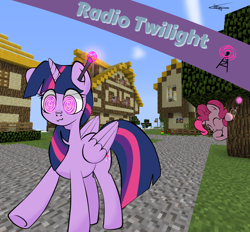 Size: 1550x1440 | Tagged: safe, artist:lebatoman, imported from twibooru, fluttershy, twilight sparkle, alicorn, earth pony, pony, :3, antenna, comic cover, cutie mark, duo, duo female, earpiece, eyes closed, female, giggling, hoof over mouth, horn, image, looking forward, mare, mind control, minecraft, multicolored mane, multicolored tail, pink coat, pink eyes, pink mane, png, purple coat, raised hoof, signature, swirly eyes, text, twilight sparkle (alicorn), walkie talkie, walking, walking away, wings