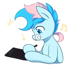 Size: 470x414 | Tagged: safe, artist:maren, imported from derpibooru, oc, oc only, oc:blue chewings, earth pony, pony, bust, drawing, drawing tablet, hoof hold, music notes, simple background, solo, white background