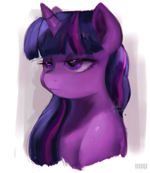 Size: 1781x2048 | Tagged: safe, artist:riukime, imported from derpibooru, twilight sparkle, pony, bust, lidded eyes, solo, unamused