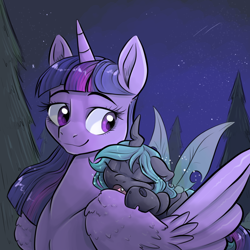 Size: 1000x1000 | Tagged: source needed, safe, artist:smirk, imported from derpibooru, queen chrysalis, twilight sparkle, alicorn, changeling, pony, cute, duo, fanfic art, floppy ears, foal, forest, night, shooting star, sleeping, stars, twilight sparkle (alicorn)