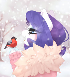 Size: 1024x1134 | Tagged: safe, artist:elektra-gertly, imported from derpibooru, rarity, bird, pony, unicorn, bullfinch, open mouth, snow, solo, winter