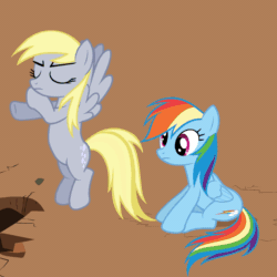 Size: 1000x1000 | Tagged: safe, edit, edited screencap, editor:sasha-flyer, imported from derpibooru, screencap, derpy hooves, rainbow dash, pegasus, pony, the last roundup, >3(, animated, animated png, brown background, butt touch, character swap, duo, eyes closed, falling, female, hoof on butt, mare, role reversal, simple background, vector