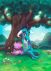 Size: 867x1200 | Tagged: safe, artist:whitediamonds, imported from derpibooru, part of a set, princess ember, spike, dragon, dandelion, dragoness, duo, emberspike, eyes closed, female, grass, holding hands, looking at someone, male, mushroom, outdoors, shipping, sitting, smiling, straight, tree, under the tree