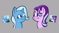 Size: 1920x1080 | Tagged: safe, artist:gobrosstar, imported from derpibooru, starlight glimmer, trixie, pony, unicorn, duo, duo female, female, raised eyebrow, scene interpretation, smiling, unamused