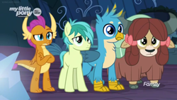 Size: 1250x703 | Tagged: safe, imported from derpibooru, screencap, gallus, sandbar, smolder, yona, dragon, earth pony, griffon, pony, yak, uprooted, bow, cloven hooves, crossed arms, group, hair bow, monkey swings, quartet, raised eyebrow