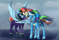 Size: 1280x874 | Tagged: safe, artist:xzjeep, imported from derpibooru, rainbow dash, pegasus, pony, butt, clothes, costume, duality, female, fog, grin, lidded eyes, looking at you, looking back, looking back at you, mare, plot, shadowbolt dash, shadowbolts costume, signature, smiling, solo, spread wings, uniform, wings, wonderbolts uniform