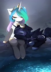 Size: 2903x4096 | Tagged: safe, artist:magnaluna, imported from derpibooru, princess celestia, princess luna, alicorn, pony, clothes, crown, cute, duo, eyes closed, female, folded wings, high res, horn, jewelry, mare, peaceful, regalia, royal sisters, siblings, sisters, sitting, sleeping, socks, water, wings