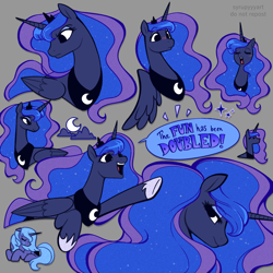 Size: 2500x2500 | Tagged: safe, artist:syrupyyy, imported from derpibooru, princess luna, alicorn, pony, blushing, calendar of lunas, crown, crying, cute, dialogue, english, eyes closed, female, gray background, hoof shoes, horn, jewelry, lunabetes, mare, multeity, open mouth, peytral, regalia, s1 luna, sad, simple background, solo, the fun has been doubled, wings
