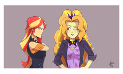 Size: 3300x1998 | Tagged: safe, artist:loganpg, artist:loganpg3, imported from derpibooru, adagio dazzle, sunset shimmer, human, equestria girls, aside glance, crossed arms, duo, duo female, female, frown, hand on hip, looking at each other, looking at someone, looking at you, one eye open, signature, simple background, sunset shimmer is not amused, unamused