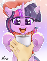 Size: 1134x1473 | Tagged: safe, artist:skikey, imported from derpibooru, twilight sparkle, human, pony, chocolate, clothes, cute, female, first person view, food, hand, hat, hot chocolate, mare, mug, offscreen character, offscreen human, open mouth, open smile, outstretched hoof, pov, scarf, signature, smiling, snow, snowfall, twiabetes, underhoof, winter