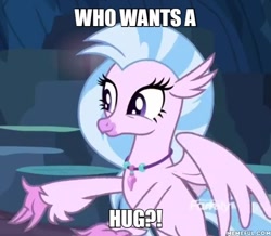 Size: 600x524 | Tagged: safe, edit, edited screencap, imported from derpibooru, screencap, silverstream, classical hippogriff, hippogriff, uprooted, bronybait, caption, cropped, cute, diastreamies, english, hug request, image macro, jewelry, meme, memeful.com, necklace, solo, spread arms, text