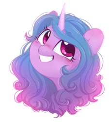 Size: 877x976 | Tagged: safe, artist:melodylibris, imported from derpibooru, izzy moonbow, pony, unicorn, big grin, blushing, bust, cute, female, g5, grin, horn, izzybetes, looking up, mare, portrait, simple background, smiling, solo, white background