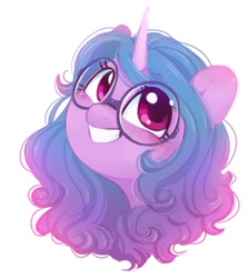 Size: 886x995 | Tagged: safe, alternate version, artist:melodylibris, imported from derpibooru, izzy moonbow, pony, unicorn, big grin, blushing, bust, cute, daaaaaaaaaaaw, featured image, female, g5, glasses, grin, happy, horn, izzybetes, looking up, mare, portrait, round glasses, simple background, smiling, solo, weapons-grade cute, white background