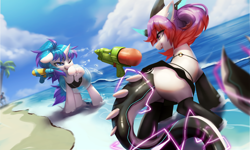 Size: 5000x3000 | Tagged: safe, artist:theprince, imported from derpibooru, oc, oc only, original species, pony, unicorn, beach, butt, clothes, duo, dutch angle, female, horn, inner tube, mare, one eye closed, open mouth, plot, skirt, socks, swimsuit, tail, unicorn oc, watergun