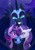 Size: 1920x2716 | Tagged: safe, artist:shaslan, imported from derpibooru, nightmare moon, rarity, twilight sparkle, alicorn, pony, unicorn, bat wings, blushing, female, helmet, horn, lesbian, looking at each other, mare, peytral, rarilight, sharp teeth, shipping, spread wings, teeth, wings