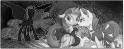 Size: 2500x1000 | Tagged: safe, artist:shaslan, imported from derpibooru, nightmare moon, rarity, twilight sparkle, alicorn, pony, unicorn, choker, clothes, dress, female, hat, horn, lesbian, mare, monochrome, rarilight, robe, shipping, spread wings, star swirl the bearded costume, wings