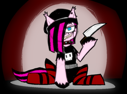 Size: 1430x1060 | Tagged: safe, artist:xxv4mp_g4z3rxx, imported from derpibooru, pinkie pie, bat pony, pony, wingless bat pony, alternate design, alternate hairstyle, bat ponified, beanie, ear piercing, edgy, emo, eyeliner, fangs, female, hat, kinsona, knife, looking at you, makeup, mare, piercing, pinkamena diane pie, race swap, smiling, solo, wingless