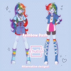 Size: 1900x1900 | Tagged: safe, artist:ahullan, imported from derpibooru, rainbow dash, human, equestria girls, ;p, clothes, converse, english, female, long hair, no nose, one eye closed, rainbow socks, shirt, shoes, shorts, socks, solo, striped socks, t-shirt, tongue out