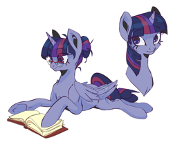 Size: 1280x1053 | Tagged: safe, artist:meow286, imported from derpibooru, twilight sparkle, alicorn, pony, book, glasses, hair bun, lying down, reading, simple background, solo, twilight sparkle (alicorn), white background