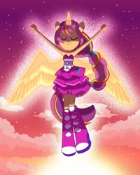 Size: 1200x1500 | Tagged: safe, artist:tialtri, imported from derpibooru, sunny starscout, alicorn, human, equestria girls, armpits, arms in the air, artificial horn, artificial wings, augmented, bare shoulders, clothes, clothes swap, dress, equestria girls-ified, eyes closed, fall formal outfits, g5, g5 to equestria girls, generation leap, hands in the air, horn, magic, magic horn, magic wings, my little pony: a new generation, outstretched arms, ponied up, race swap, sleeveless, sleeveless dress, solo, strapless, sunnycorn, wings