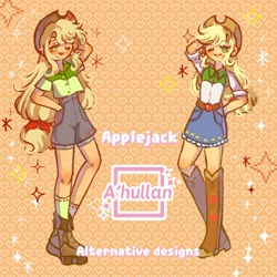 Size: 1700x1700 | Tagged: safe, artist:ahullan, imported from derpibooru, applejack, human, equestria girls, arm behind head, clothes, english, female, freckles, long hair, no nose, one eye closed, shirt, shorts, skirt, solo