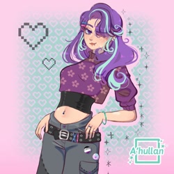 Size: 1700x1700 | Tagged: safe, artist:_ahullan, artist:ahullan, imported from derpibooru, starlight glimmer, human, equestria girls, asexual pride flag, belly button, belly piercing, bellyring, belt, eyebrow piercing, female, hair over one eye, lip piercing, midriff, piercing, pride, pride flag, solo