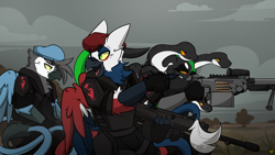 Size: 5135x2891 | Tagged: source needed, safe, alternate version, artist:bbsartboutique, imported from derpibooru, oc, oc:gorgos, oc:gravia, oc:grenadier, anthro, griffon, armor, beret, clothes, gun, hat, open mouth, trio, weapon