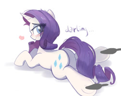 Size: 710x566 | Tagged: safe, artist:kqaii, imported from derpibooru, rarity, pony, unicorn, blushing, butt, cute, darling, dialogue, dock, english, eye clipping through hair, female, heart, horn, looking at you, looking back, looking back at you, mare, plot, prone, raribetes, rearity, simple background, smiling, solo, sploot, underhoof, white background