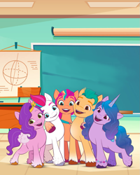 Size: 819x1024 | Tagged: safe, editor:horsesplease, imported from derpibooru, hitch trailblazer, izzy moonbow, pipp petals, sunny starscout, zipp storm, earth pony, pegasus, pony, unicorn, chalkboard, classroom, female, g5, male, mane five (g5), mare, official, stallion, template, turkish, unshorn fetlocks