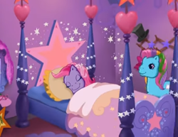 Size: 1400x1080 | Tagged: safe, imported from derpibooru, screencap, rainbow dash (g3), starsong, earth pony, pegasus, pony, pinkie pie's special day, bed, bedroom, cute, duo, eyes closed, female, g3, g3 dashabetes, hat, mare, mirror, morning, pillow, sleeping, smiling, stars, starsawwwng, top hat