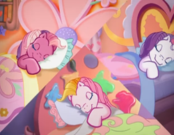 Size: 1400x1080 | Tagged: safe, imported from derpibooru, screencap, cheerilee (g3), sweetie belle (g3), toola roola, earth pony, pony, unicorn, pinkie pie's special day, bed, bedroom, cheerilee's bedroom, colors, cute, eyes closed, female, flower, g3, g3 cheeribetes, g3 diasweetes, heart, mare, morning, paintbrush, pillow, roolabetes, sleeping, smiling, sweetie belle's bedroom, toola roola's bedroom