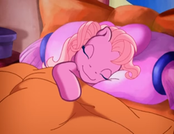 Size: 1400x1080 | Tagged: safe, imported from derpibooru, screencap, pinkie pie (g3), earth pony, pony, pinkie pie's special day, bed, bedroom, cute, eyes closed, female, g3, g3 diapinkes, mare, morning, pillow, sleeping, smiling, solo