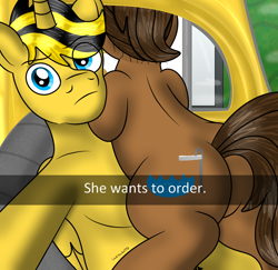 Size: 1198x1164 | Tagged: safe, artist:lynnthenerdkitty, imported from derpibooru, alicorn, earth pony, pony, bumblebee (transformers), butt, car interior, charlie watson, crossover, drive thru, english, flank, he wants to order, meme, plot, ponified, retro car, selfie, transformers