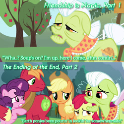 Size: 1920x1920 | Tagged: safe, edit, edited screencap, editor:itsmgh1203, imported from derpibooru, screencap, apple bloom, applejack, big macintosh, granny smith, sugar belle, earth pony, pony, unicorn, friendship is magic, season 1, season 9, the ending of the end, spoiler:s09, apple bloom's bow, applejack's hat, bow, cowboy hat, english, female, filly, foal, hair bow, hat, male, mare, open mouth, stallion, sugarcube corner, text